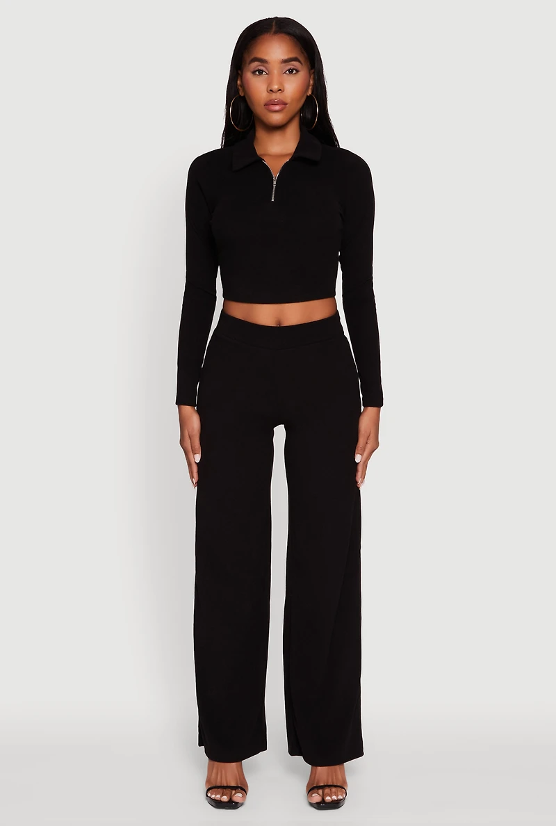 Brushed Knit Long Sleeve Quarter Zip Cropped Polo