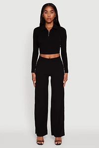 Brushed Knit Long Sleeve Quarter Zip Cropped Polo