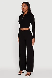 Brushed Knit Long Sleeve Quarter Zip Cropped Polo