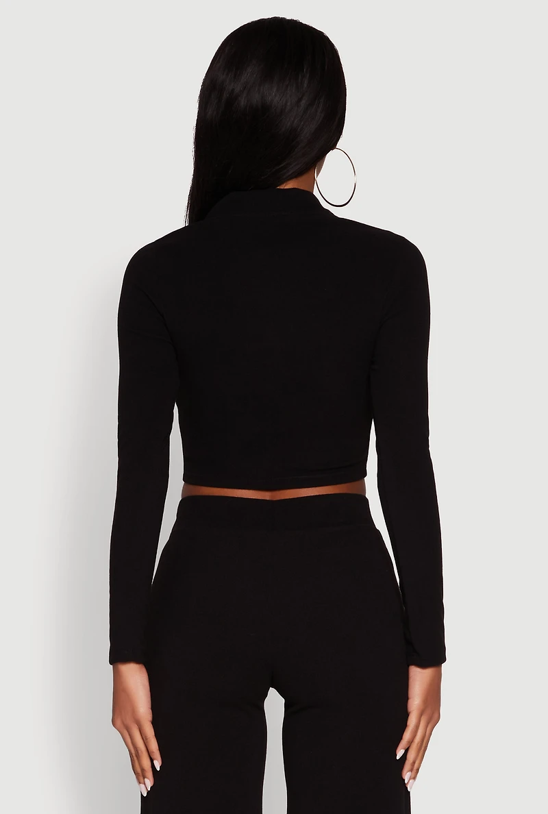 Brushed Knit Long Sleeve Quarter Zip Cropped Polo