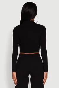 Brushed Knit Long Sleeve Quarter Zip Cropped Polo