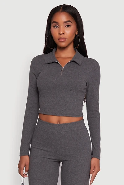 Womens Brushed Knit Long Sleeve Quarter Zip Cropped Polo, Grey, Size M