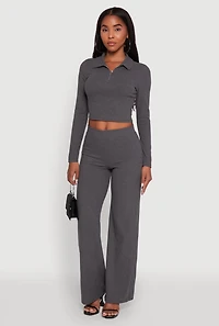 Womens Brushed Knit Long Sleeve Quarter Zip Cropped Polo, Grey, Size M