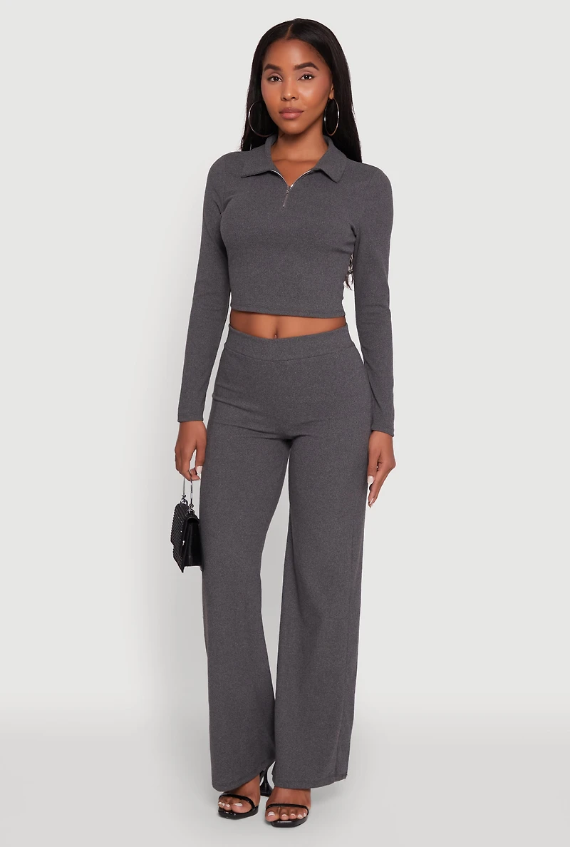 Womens Brushed Knit Long Sleeve Quarter Zip Cropped Polo, M
