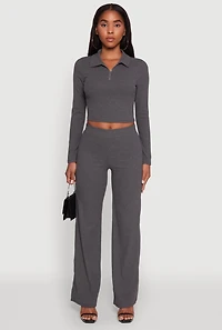 Womens Brushed Knit Long Sleeve Quarter Zip Cropped Polo, Grey, Size M