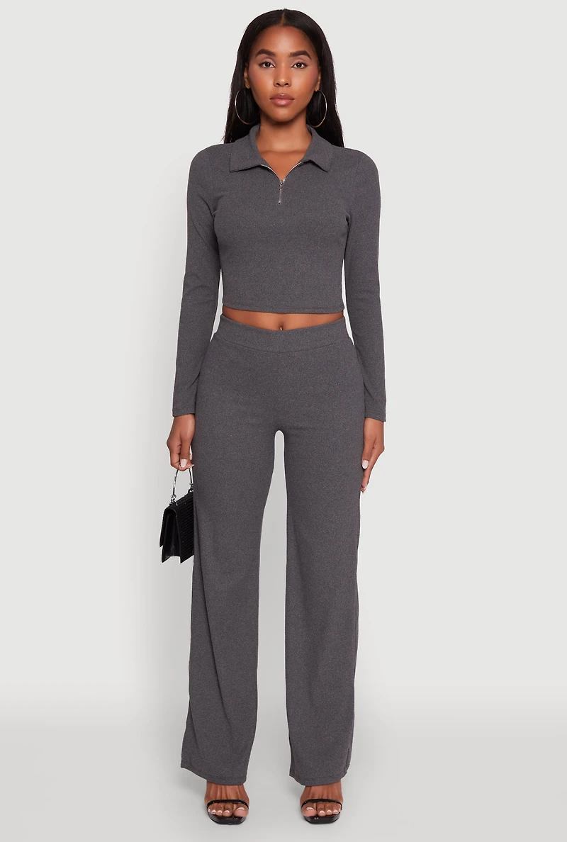Womens Brushed Knit Long Sleeve Quarter Zip Cropped Polo, M