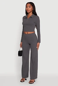 Womens Brushed Knit Long Sleeve Quarter Zip Cropped Polo, Grey, Size M