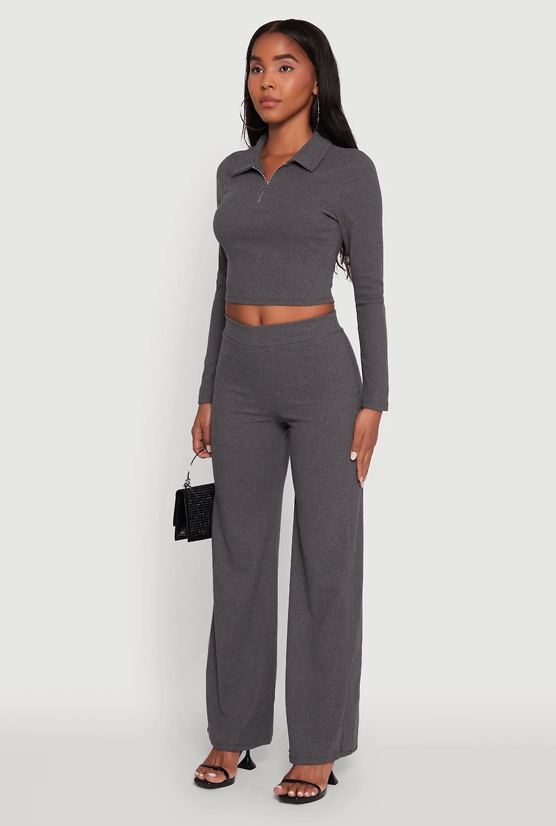 Womens Brushed Knit Long Sleeve Quarter Zip Cropped Polo, M