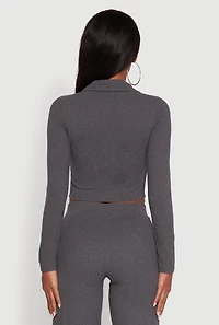 Womens Brushed Knit Long Sleeve Quarter Zip Cropped Polo, Grey, Size M