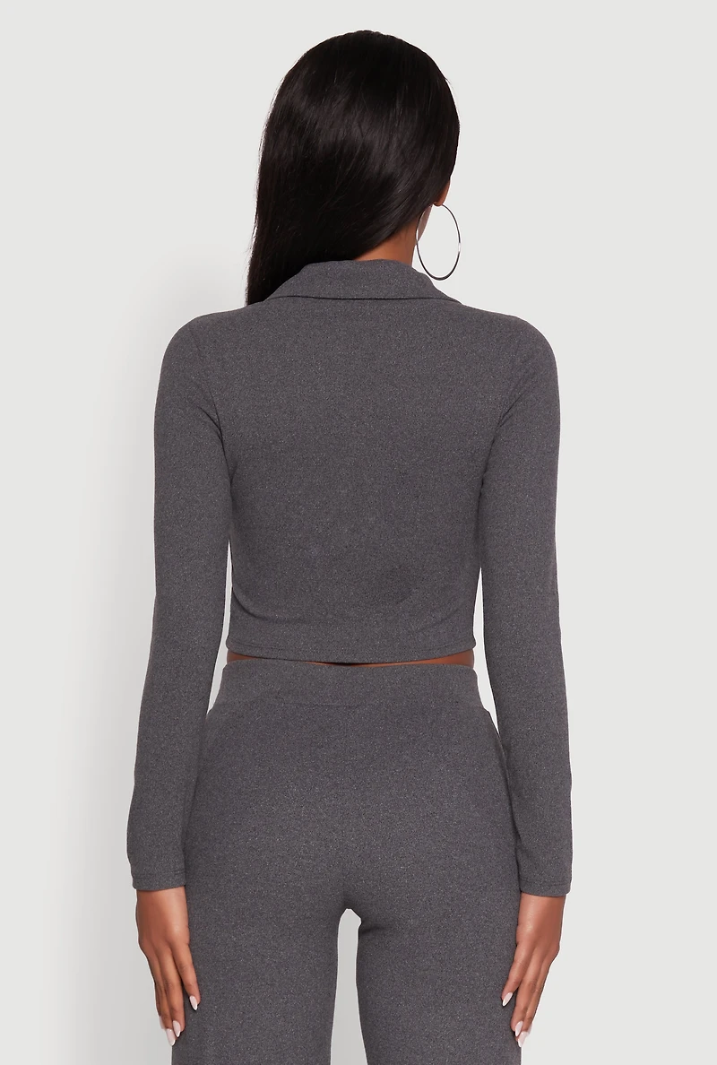 Womens Brushed Knit Long Sleeve Quarter Zip Cropped Polo, M