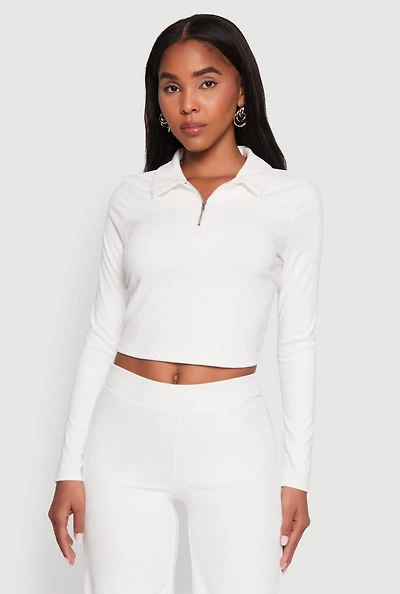 Womens Brushed Knit Long Sleeve Quarter Zip Cropped Polo, White, Size L