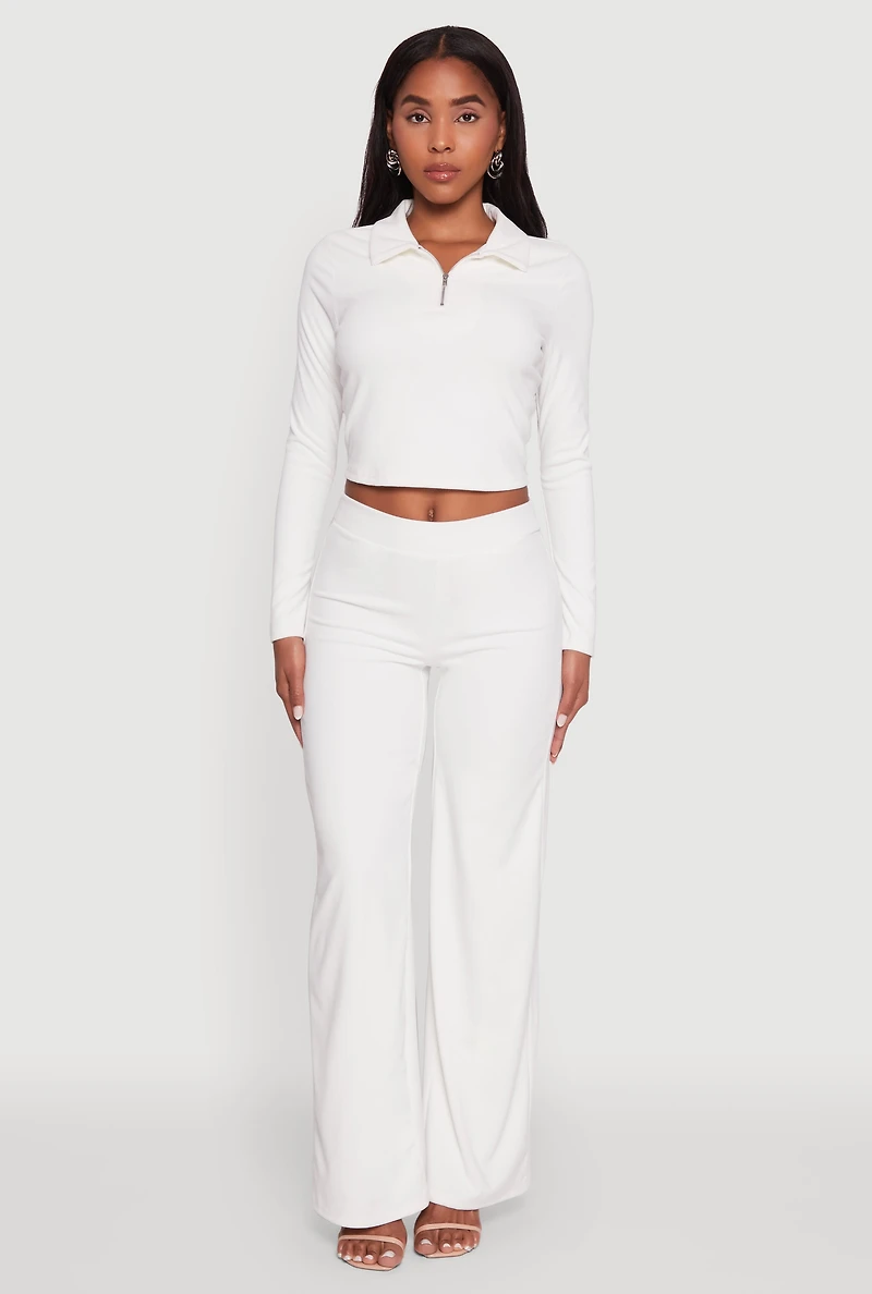 Womens Brushed Knit Long Sleeve Quarter Zip Cropped Polo, White, Size L