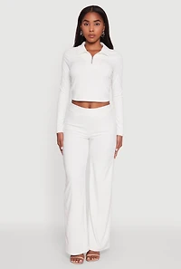 Womens Brushed Knit Long Sleeve Quarter Zip Cropped Polo, White, Size L