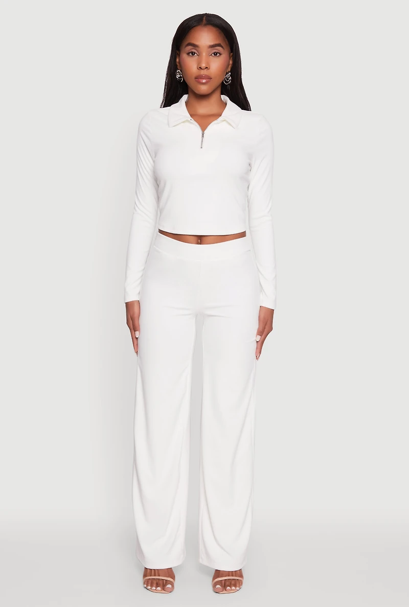 Womens Brushed Knit Long Sleeve Quarter Zip Cropped Polo, White, Size L