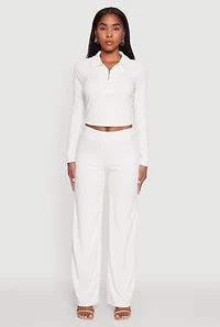 Womens Brushed Knit Long Sleeve Quarter Zip Cropped Polo, White, Size L