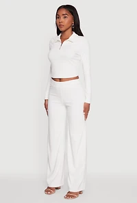 Womens Brushed Knit Long Sleeve Quarter Zip Cropped Polo, White, Size L