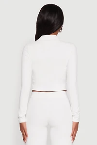 Womens Brushed Knit Long Sleeve Quarter Zip Cropped Polo, White, Size L