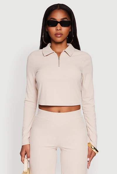 Womens Brushed Knit Long Sleeve Quarter Zip Cropped Polo,