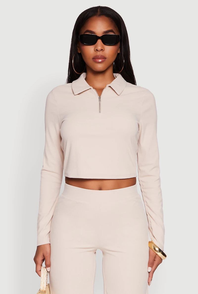 Womens Brushed Knit Long Sleeve Quarter Zip Cropped Polo, Beige, Size L