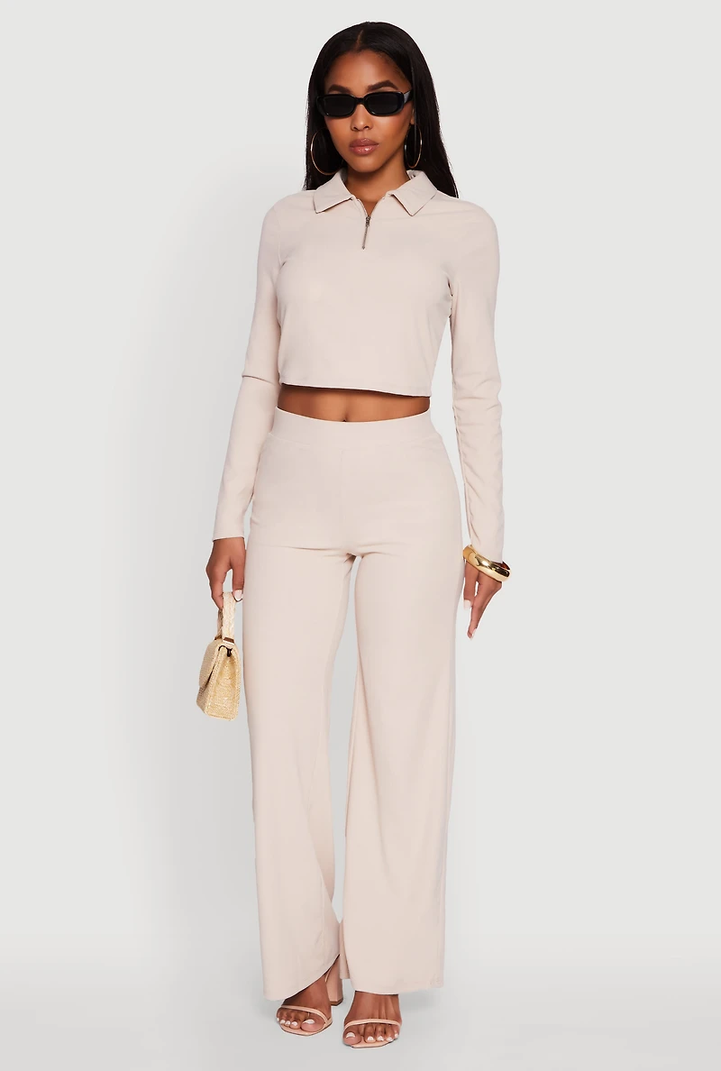 Womens Brushed Knit Long Sleeve Quarter Zip Cropped Polo, Beige,