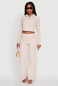Womens Brushed Knit Long Sleeve Quarter Zip Cropped Polo, Beige,