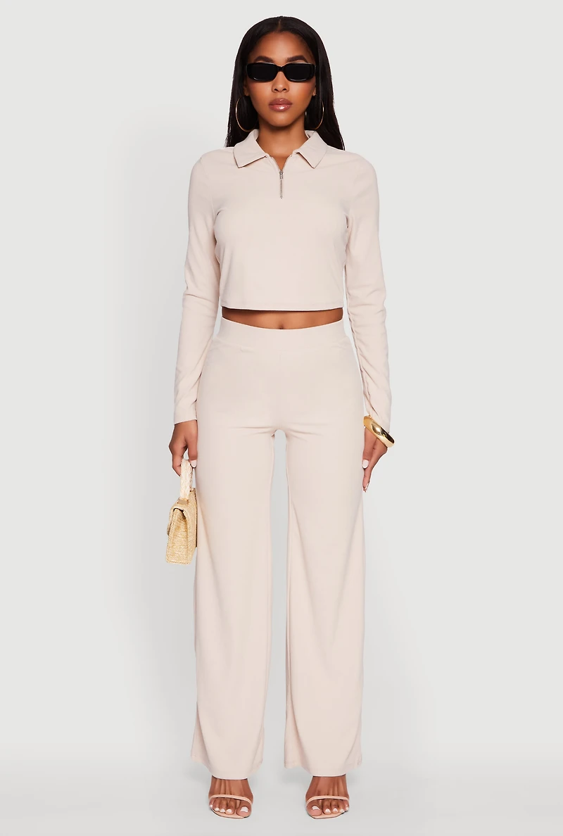 Womens Brushed Knit Long Sleeve Quarter Zip Cropped Polo, Beige,
