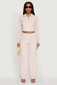 Womens Brushed Knit Long Sleeve Quarter Zip Cropped Polo, Beige, Size L