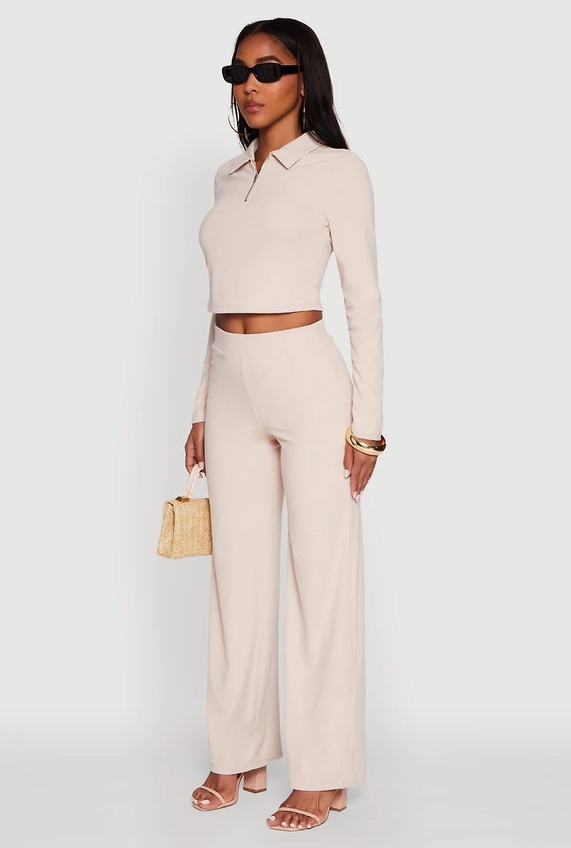 Womens Brushed Knit Long Sleeve Quarter Zip Cropped Polo, Beige,