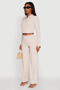 Womens Brushed Knit Long Sleeve Quarter Zip Cropped Polo, Beige,