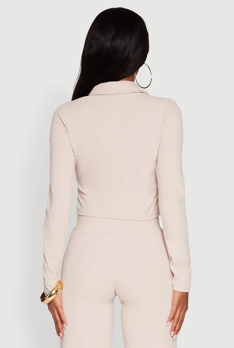 Womens Brushed Knit Long Sleeve Quarter Zip Cropped Polo, Beige,