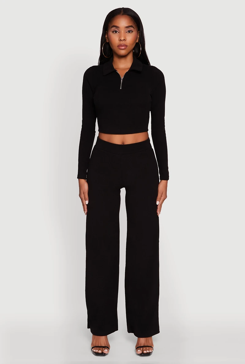 Womens Brushed Knit Pull On Straight Leg Pants, Black, Size M