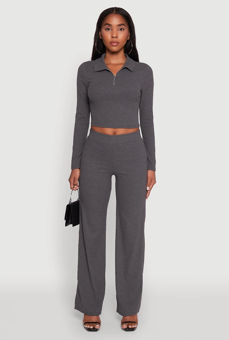 Womens Brushed Knit Pull On Straight Leg Pants, Grey, Size L