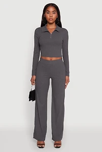 Womens Brushed Knit Pull On Straight Leg Pants, Grey, Size L