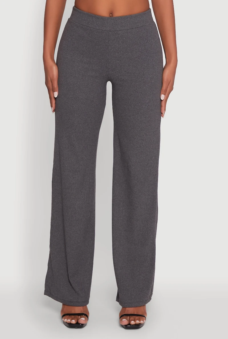 Womens Brushed Knit Pull On Straight Leg Pants, Grey, Size L