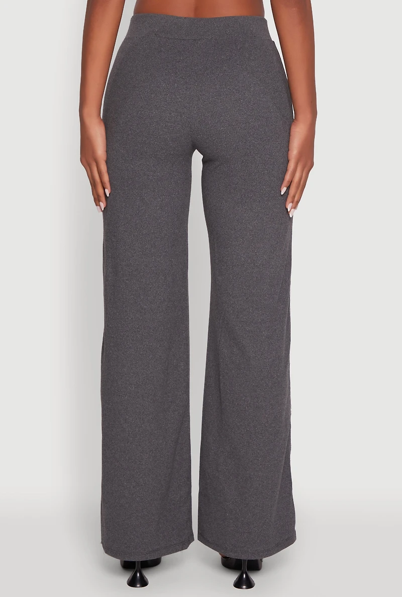 Womens Brushed Knit Pull On Straight Leg Pants, Grey, Size L