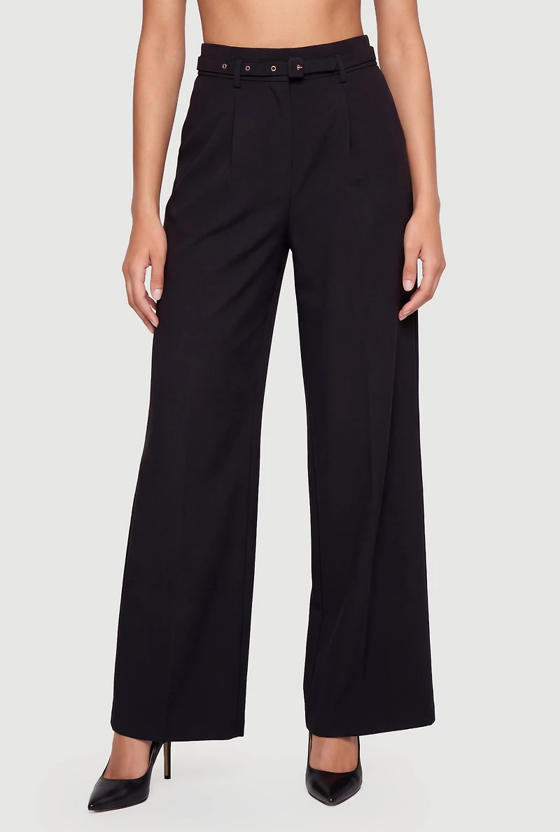 Solid High Waisted Wide Leg Dress Pants with Belt