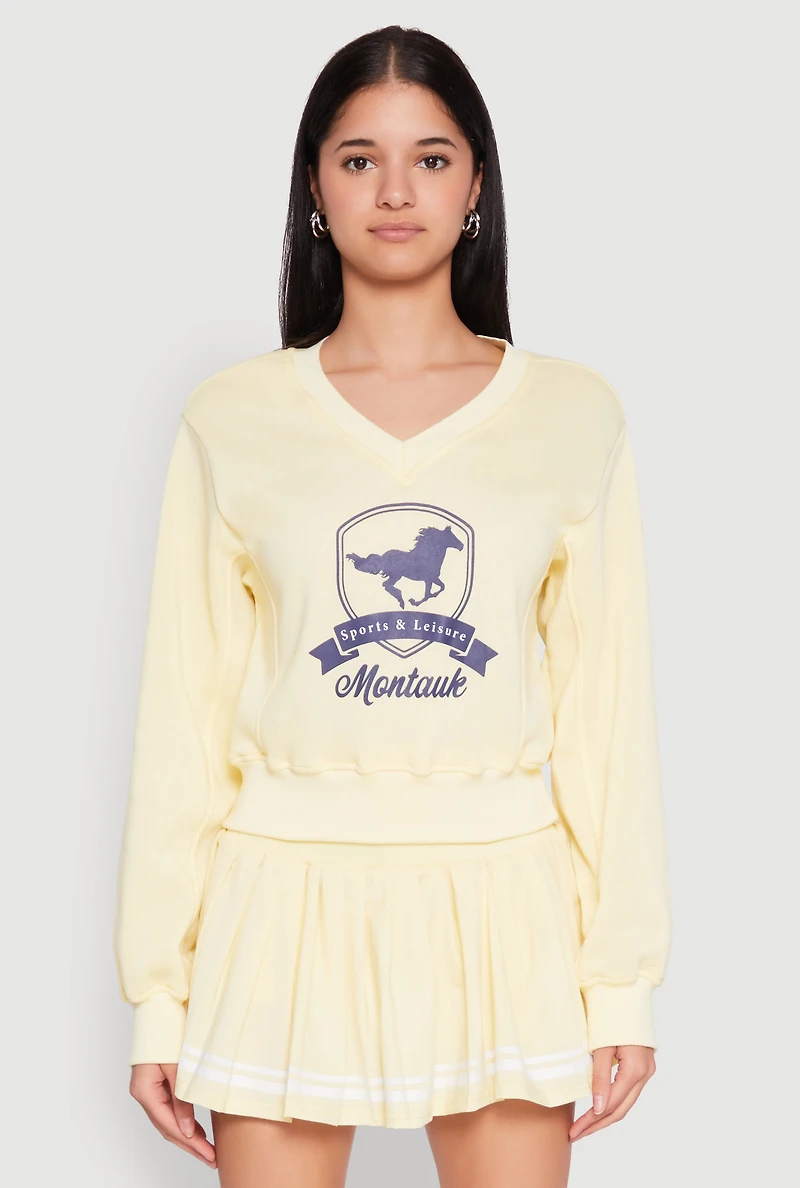 Womens V Neck Printed Pattern Sweatshirt, Yellow, Size XL