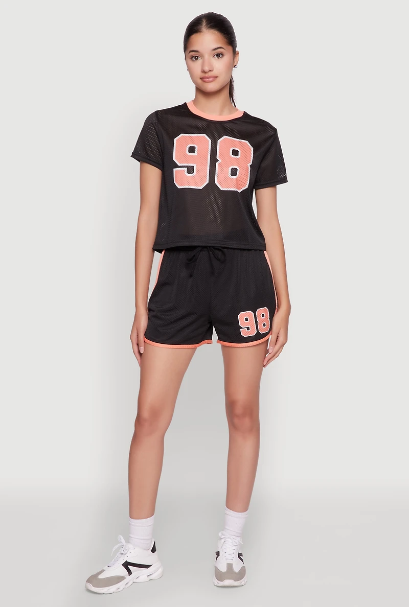 Womens Graphic Jersey Mesh Crew Neck Top,