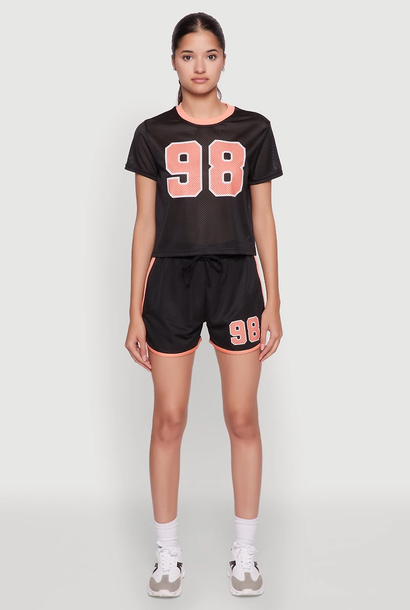 Womens Graphic Jersey Mesh Crew Neck Top,