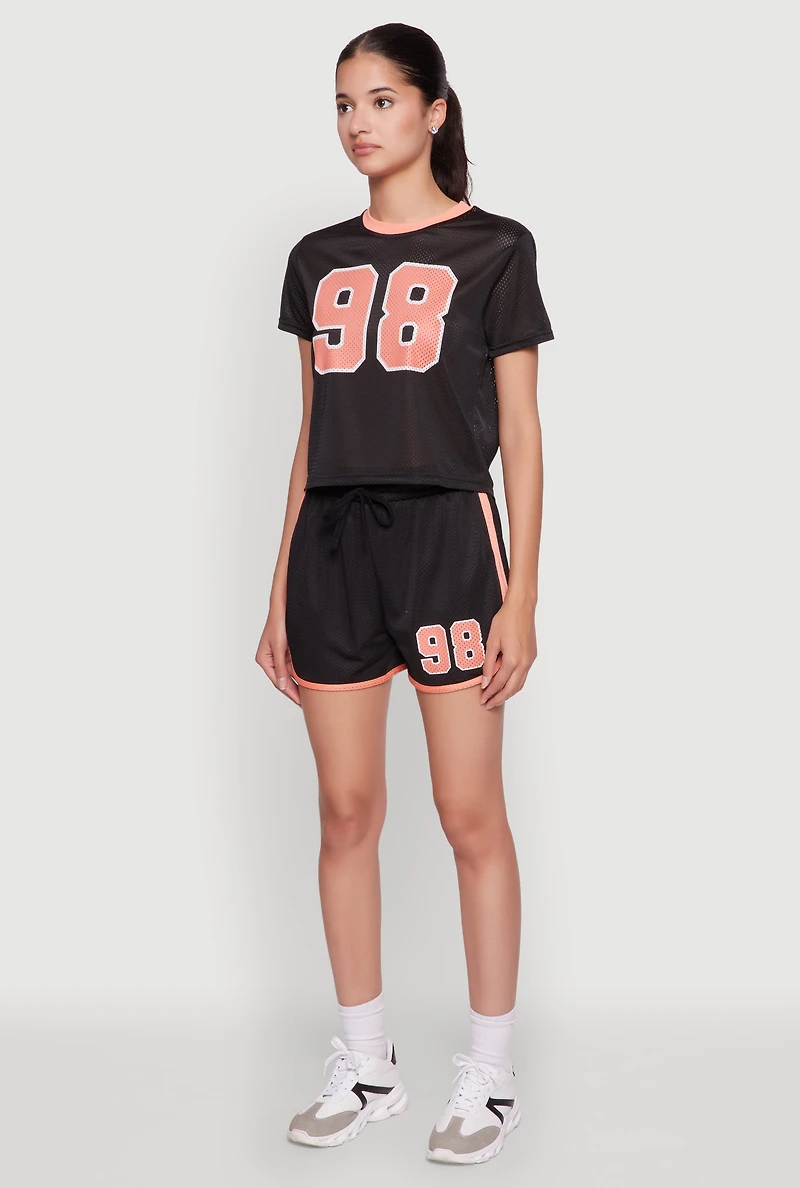 Graphic Jersey Mesh Crew Neck Top