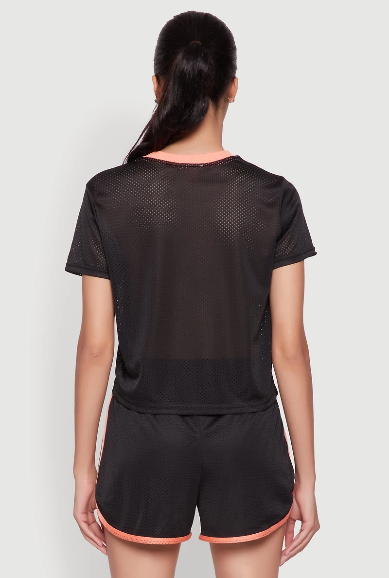 Womens Graphic Jersey Mesh Crew Neck Top,