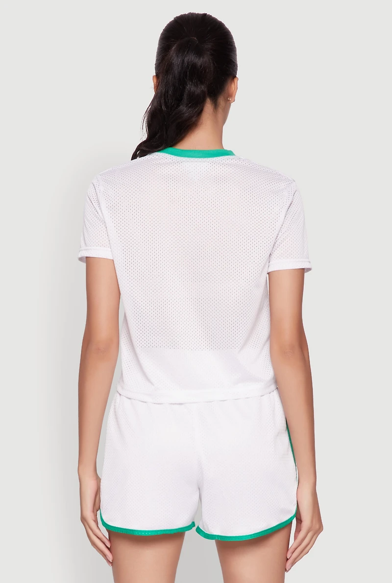 Womens Graphic Jersey Mesh Crew Neck Top, White, Size S