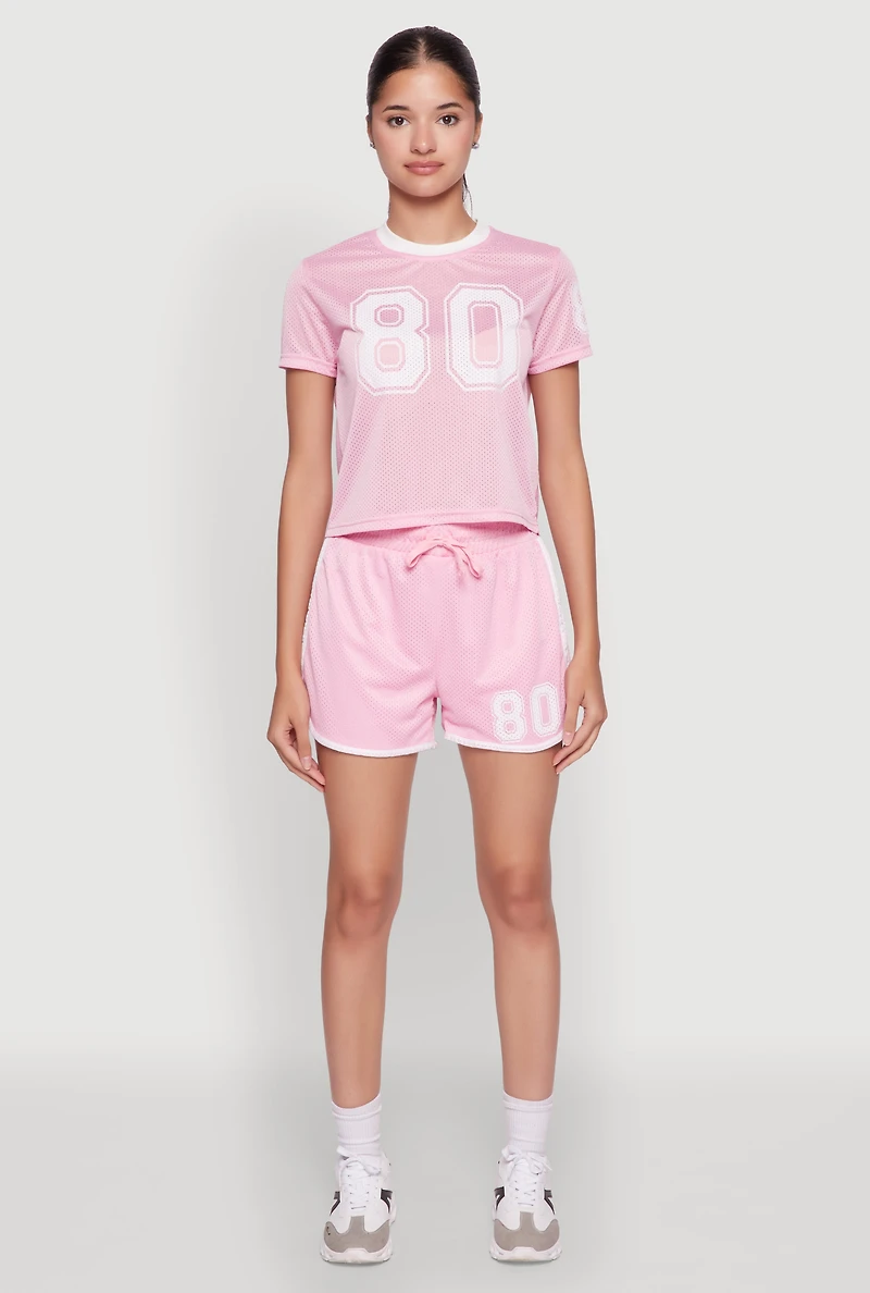 Womens Graphic Jersey Mesh Crew Neck Top,