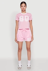 Womens Graphic Jersey Mesh Crew Neck Top,