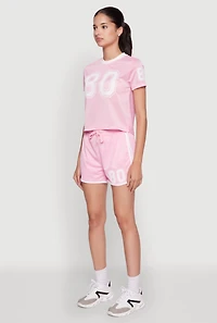 Womens Graphic Jersey Mesh Crew Neck Top, Pink, Size L