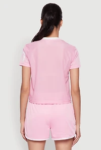 Womens Graphic Jersey Mesh Crew Neck Top, Pink, Size L