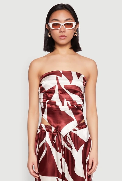Womens Patterned Satin Strapless Top, Brown, Size L
