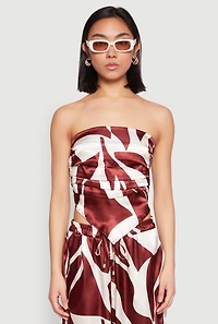 Womens Patterned Satin Strapless Top, Brown, Size L