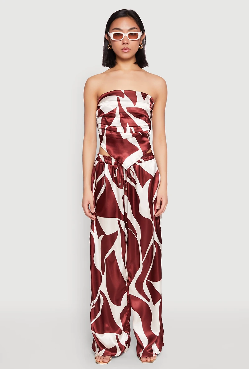 Womens Patterned Satin Strapless Top, Brown, Size L