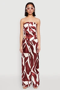 Womens Patterned Satin Strapless Top, Brown, Size L